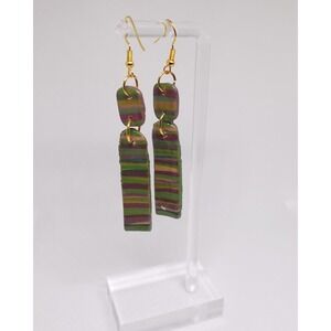 Olive Green Striped Polymer Clay Dangle Earrings Boho Art Statement Drop Artisan